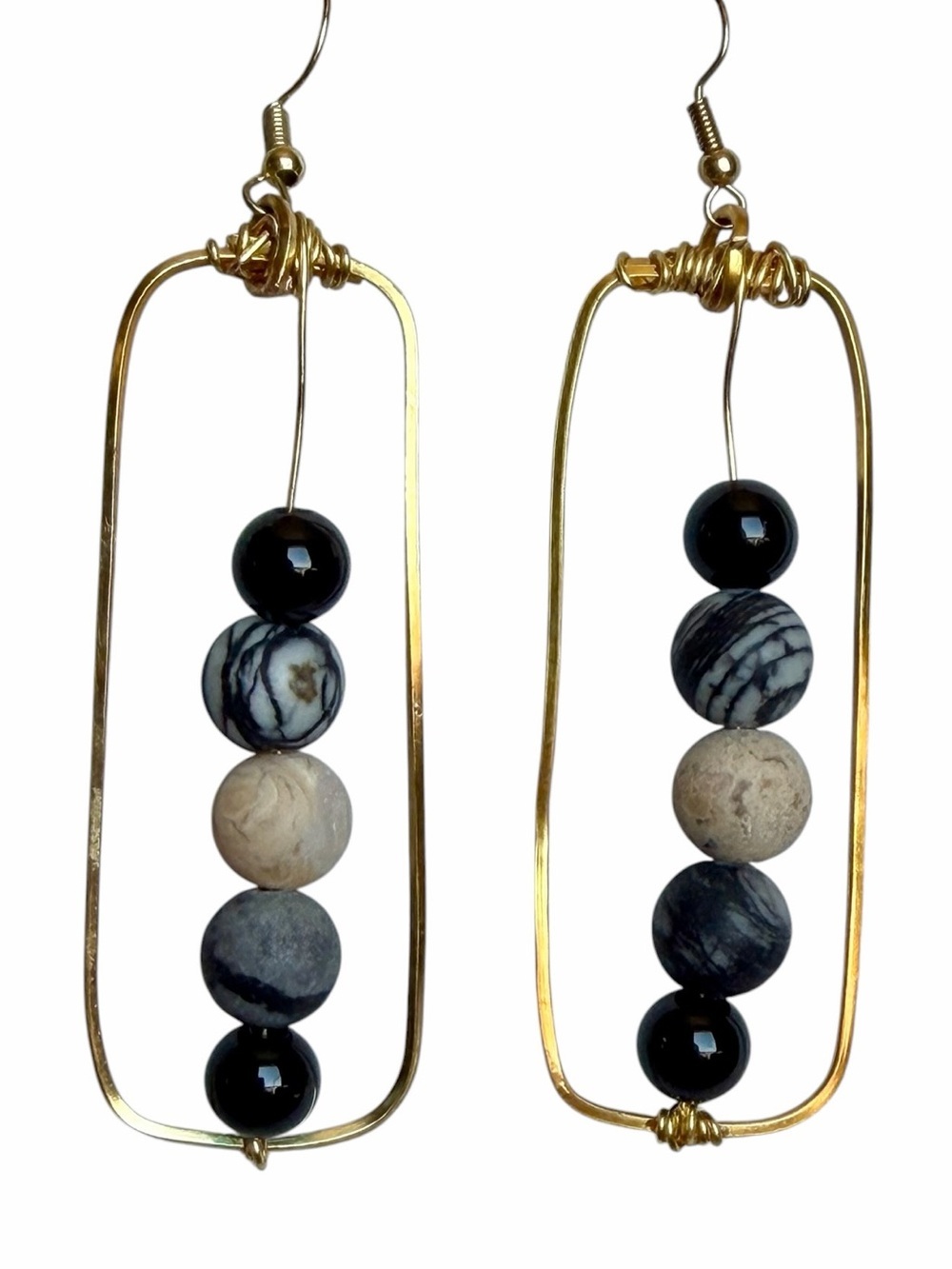 Artisian Large Gold-tone Rectangular Wrapped Pierced Earrings With Beads